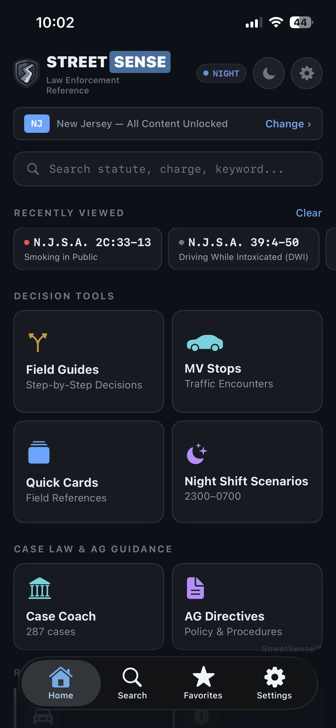 StreetSense app showing NJ statute browser with officer notes, case law, and decision trees