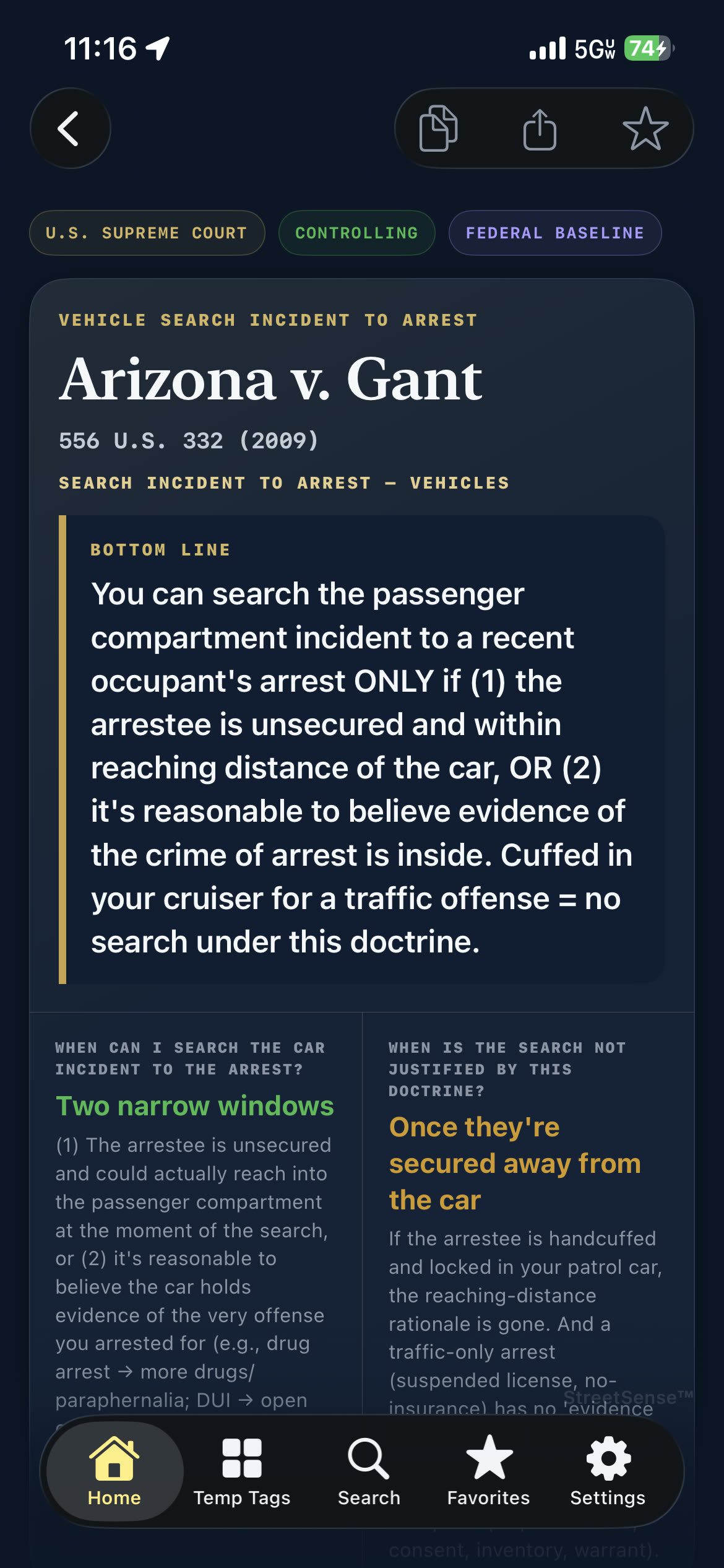 StreetSense app case brief for Arizona v. Gant showing the two narrow windows for searching a car incident to arrest