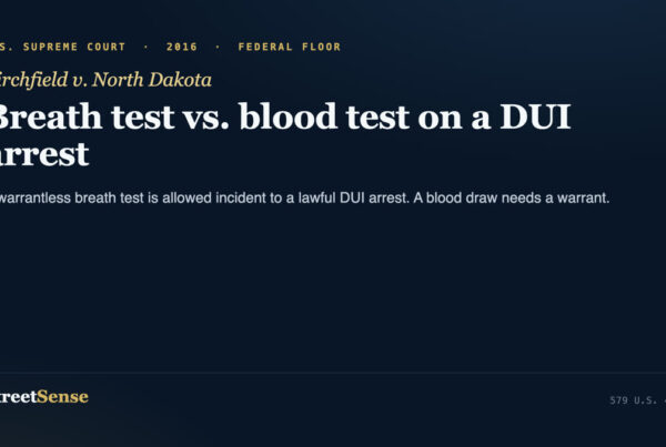 Birchfield v. North Dakota (2016) case card โ warrantless breath test allowed on DUI arrest, blood draw needs a warrant