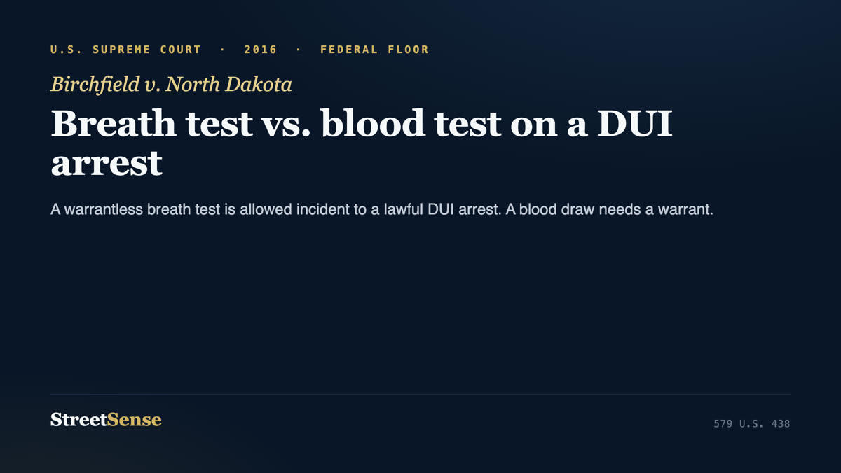Birchfield v. North Dakota (2016) case card — warrantless breath test allowed on DUI arrest, blood draw needs a warrant