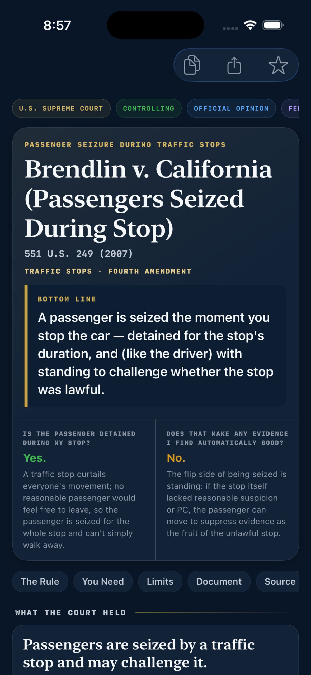 StreetSense app case brief for Brendlin v. California showing that passengers are seized during traffic stops and have standing to challenge them