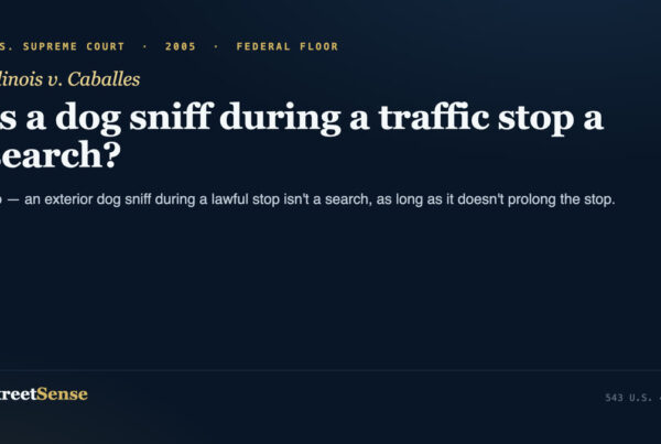 Illinois v. Caballes (2005) case card โ an exterior dog sniff during a lawful stop is not a Fourth Amendment search