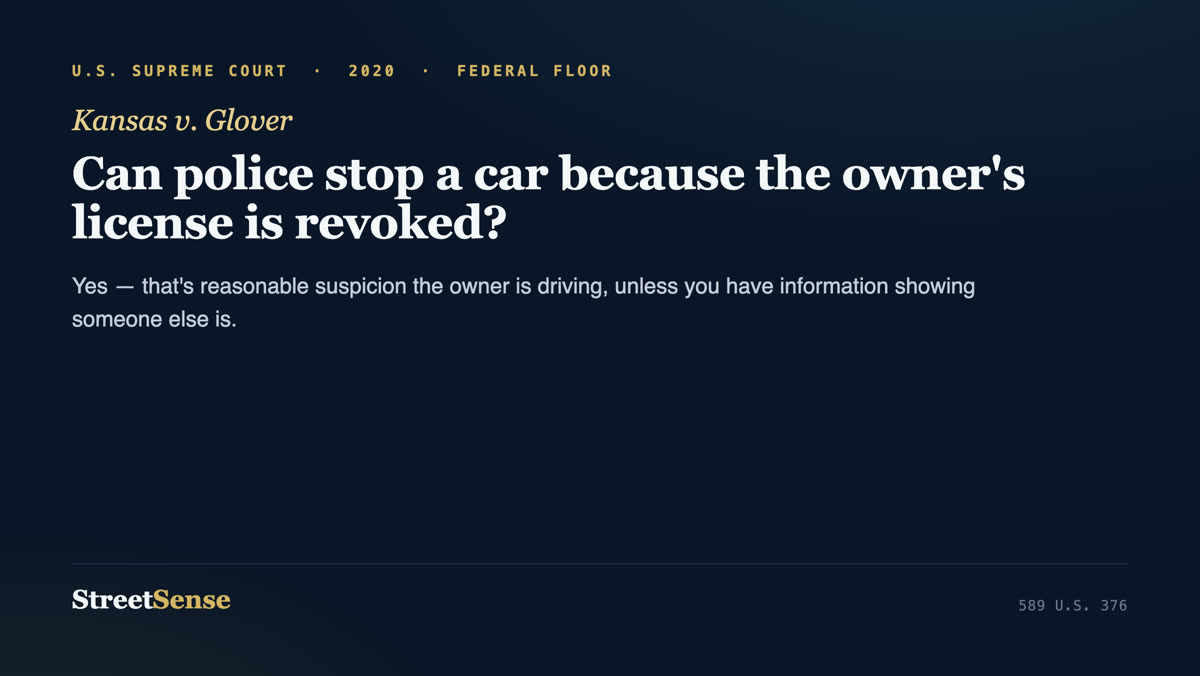 Kansas v. Glover (2020) case card — a revoked registered owner supports reasonable suspicion to stop the vehicle