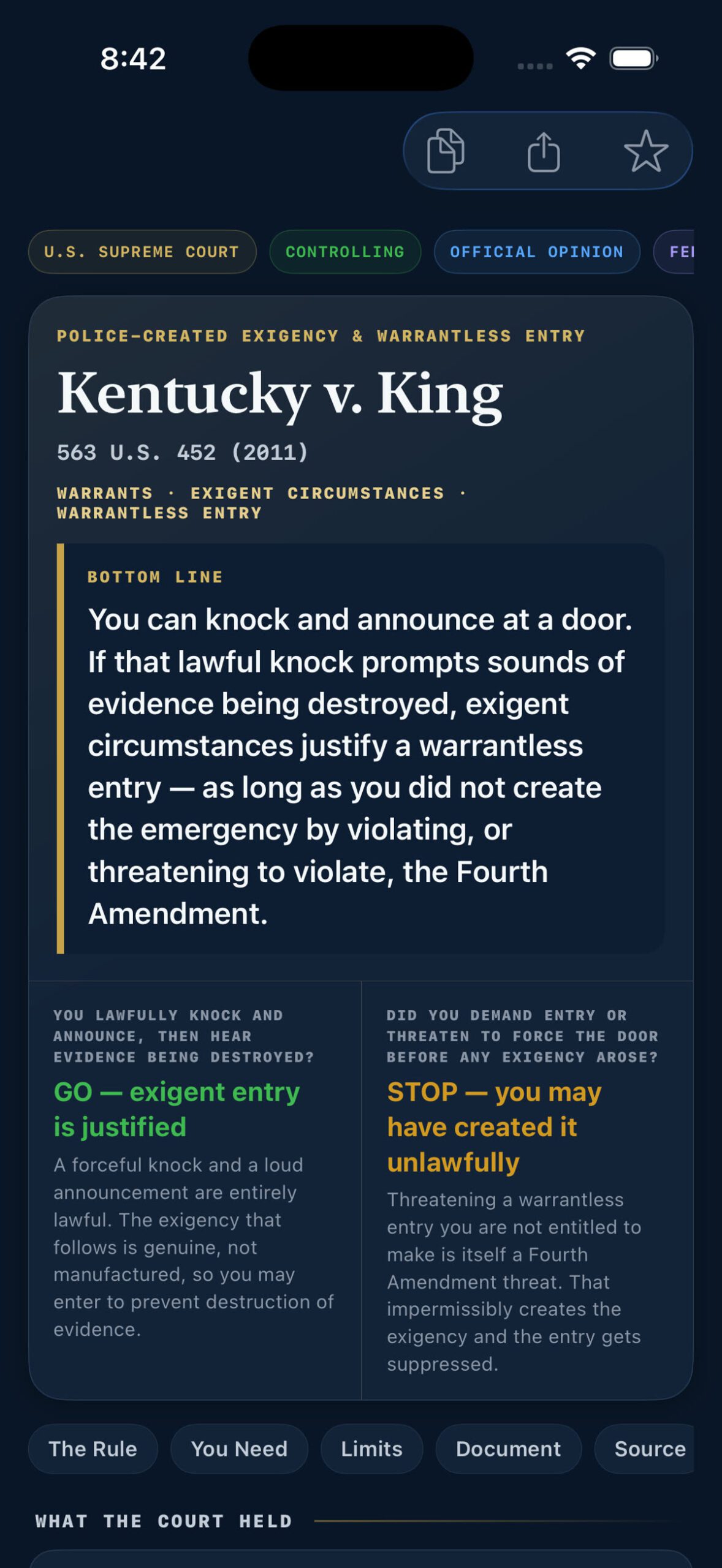 StreetSense app case brief for Kentucky v. King showing the police-created exigency rule for warrantless entry