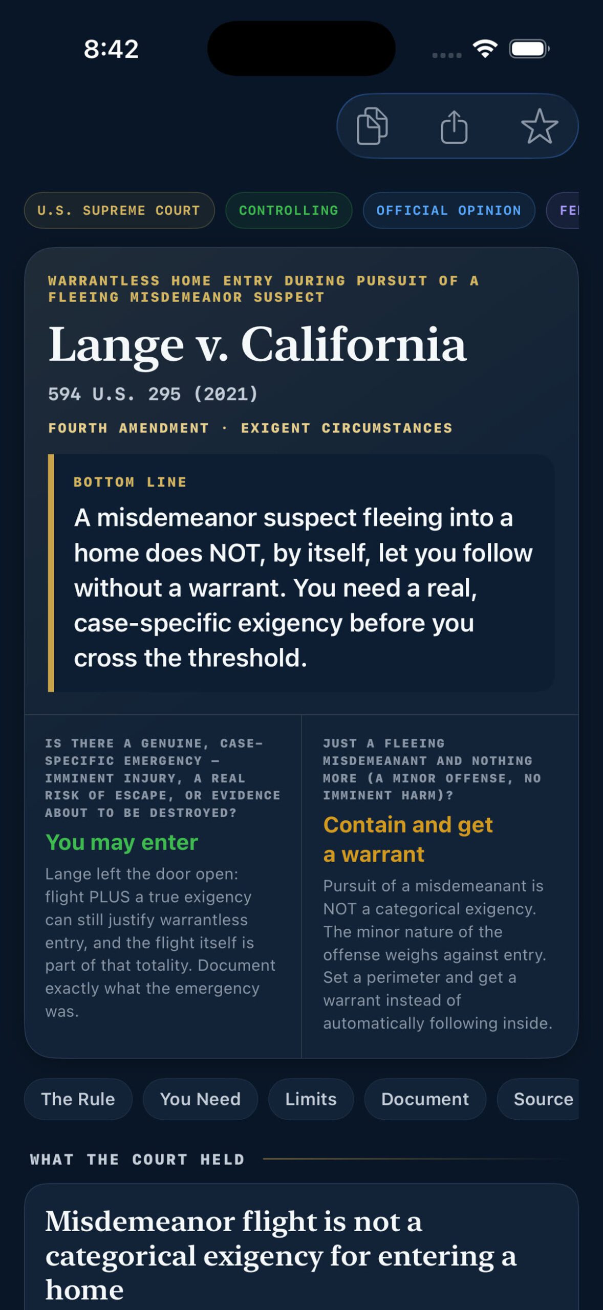 StreetSense app case brief for Lange v. California showing that misdemeanor flight is not a categorical exigency for home entry
