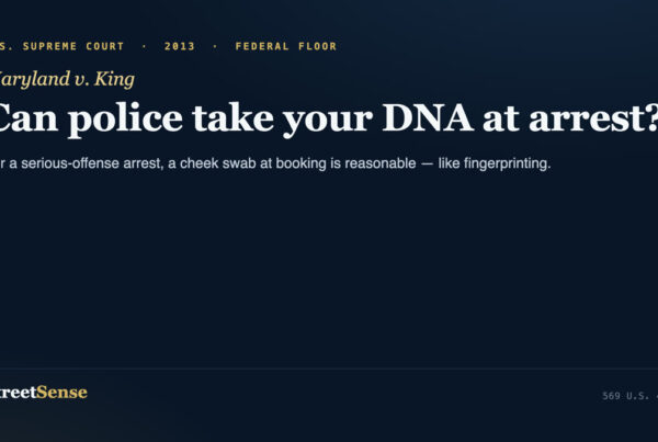 Maryland v. King (2013) case card — a DNA cheek swab at booking for a serious arrest is a reasonable booking procedure