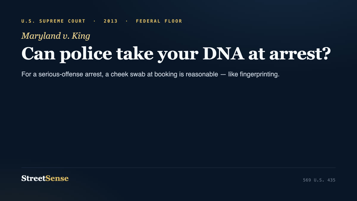 Maryland v. King (2013) case card — a DNA cheek swab at booking for a serious arrest is a reasonable booking procedure