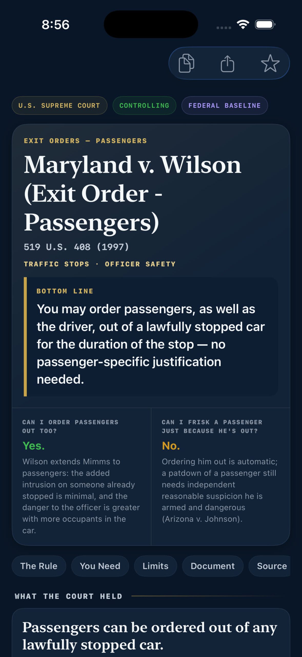 StreetSense app case brief for Maryland v. Wilson showing that passengers can be ordered out of any lawfully stopped car