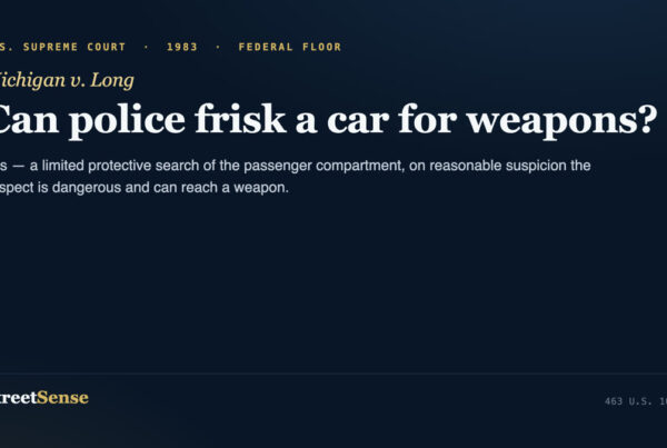 Michigan v. Long (1983) case card — a protective frisk extends to a vehicle passenger compartment for weapons