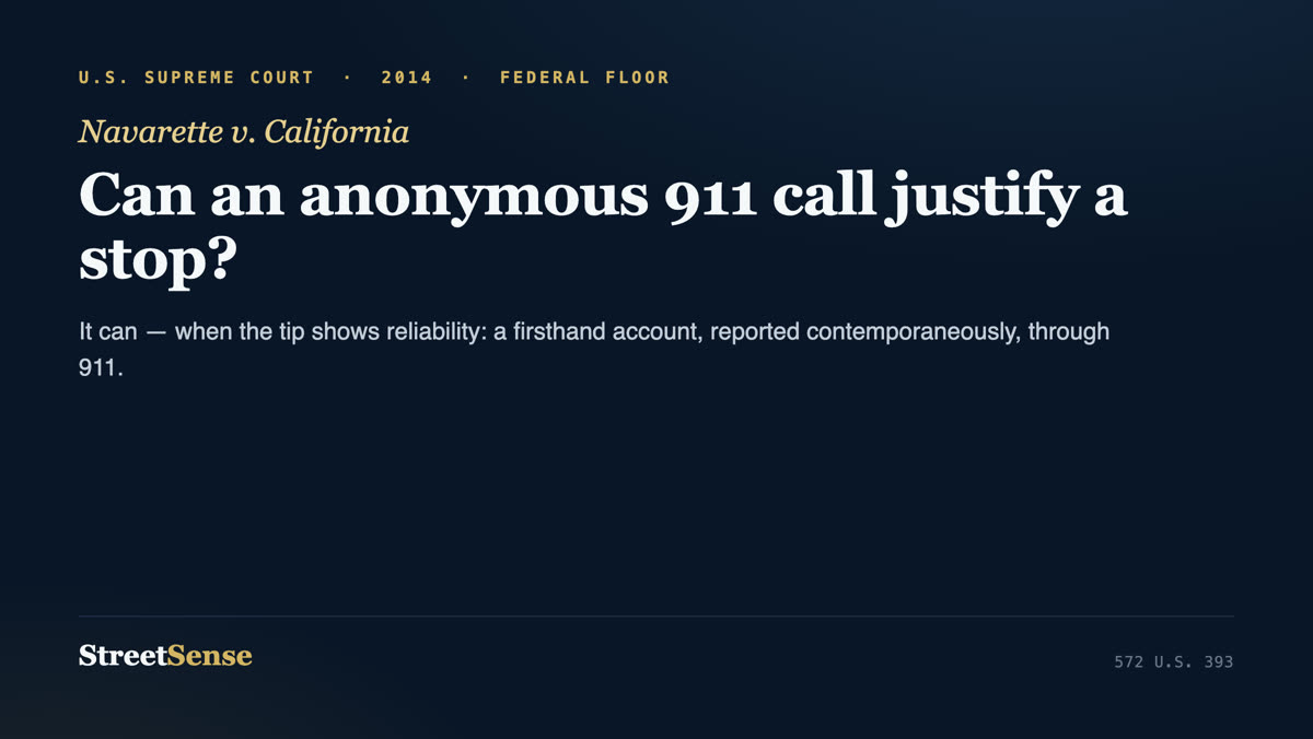 Navarette v. California (2014) case card — a reliable anonymous 911 tip can supply reasonable suspicion for a stop
