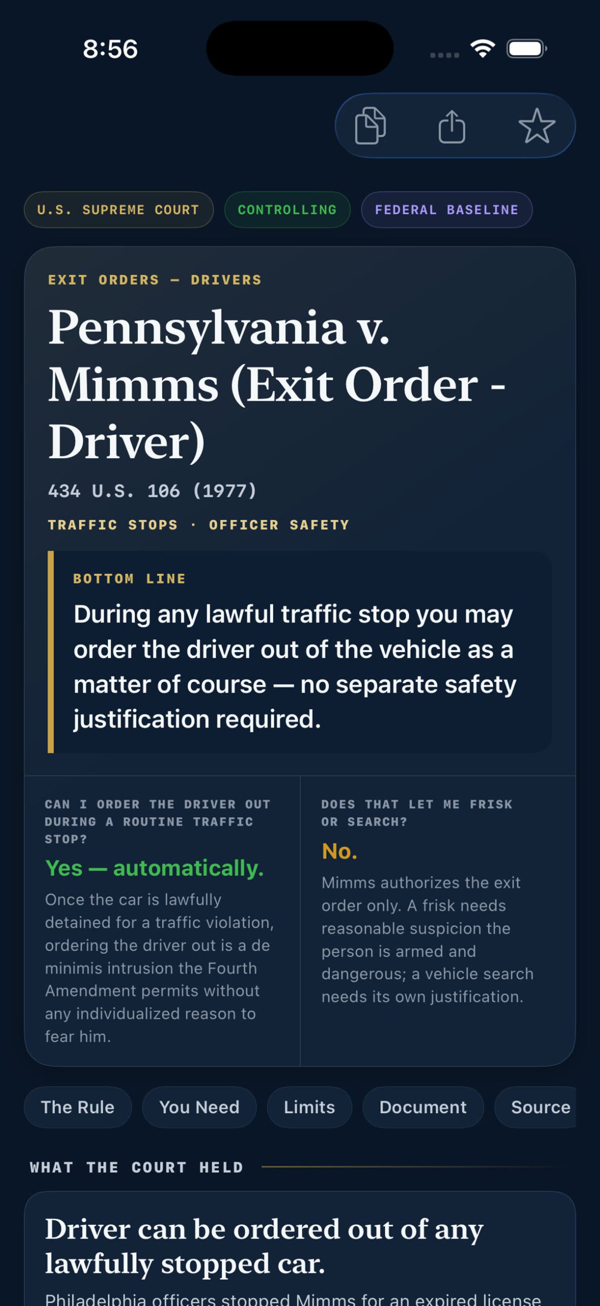 StreetSense app case brief for Pennsylvania v. Mimms showing the bottom-line rule that drivers can be ordered out of any lawfully stopped car