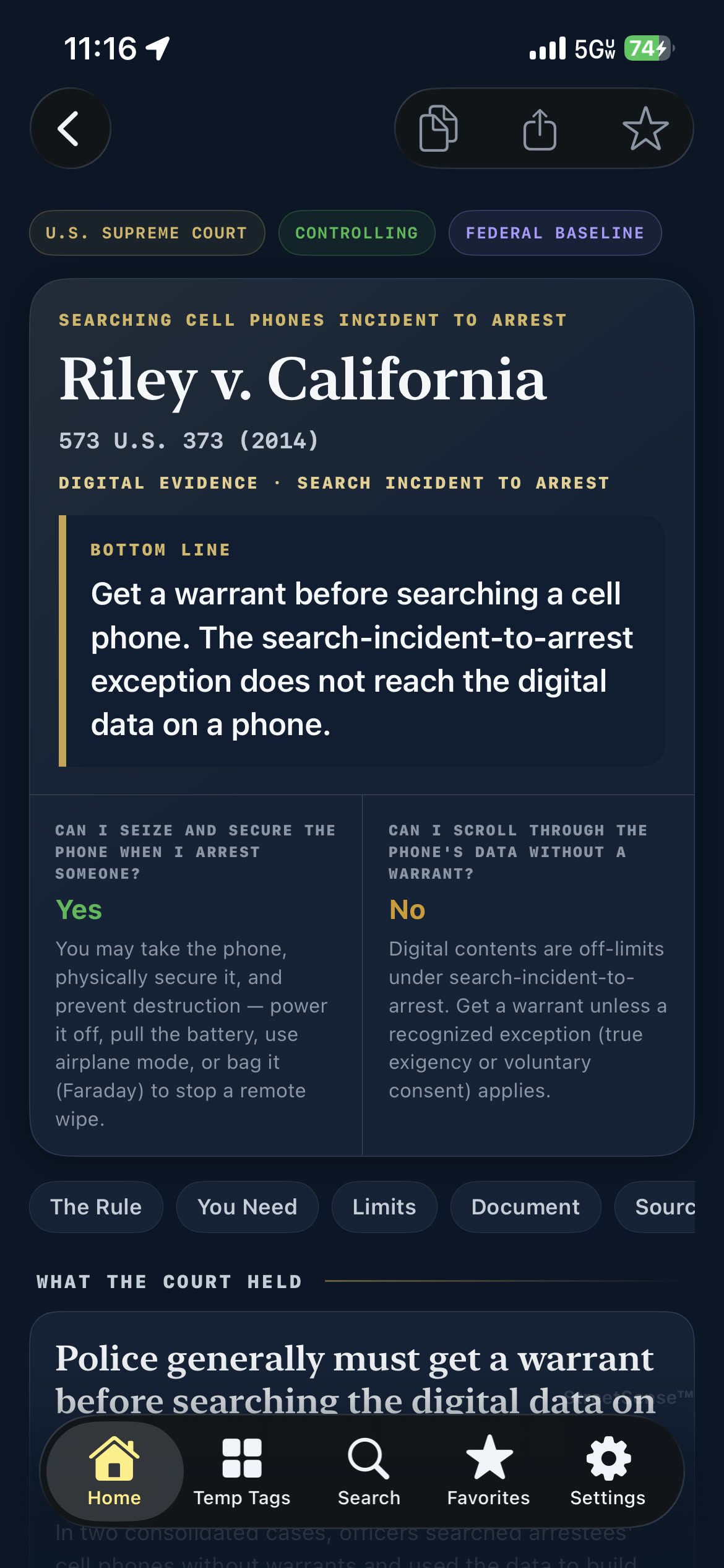 StreetSense app case brief for Riley v. California showing the warrant requirement for searching cell phone data