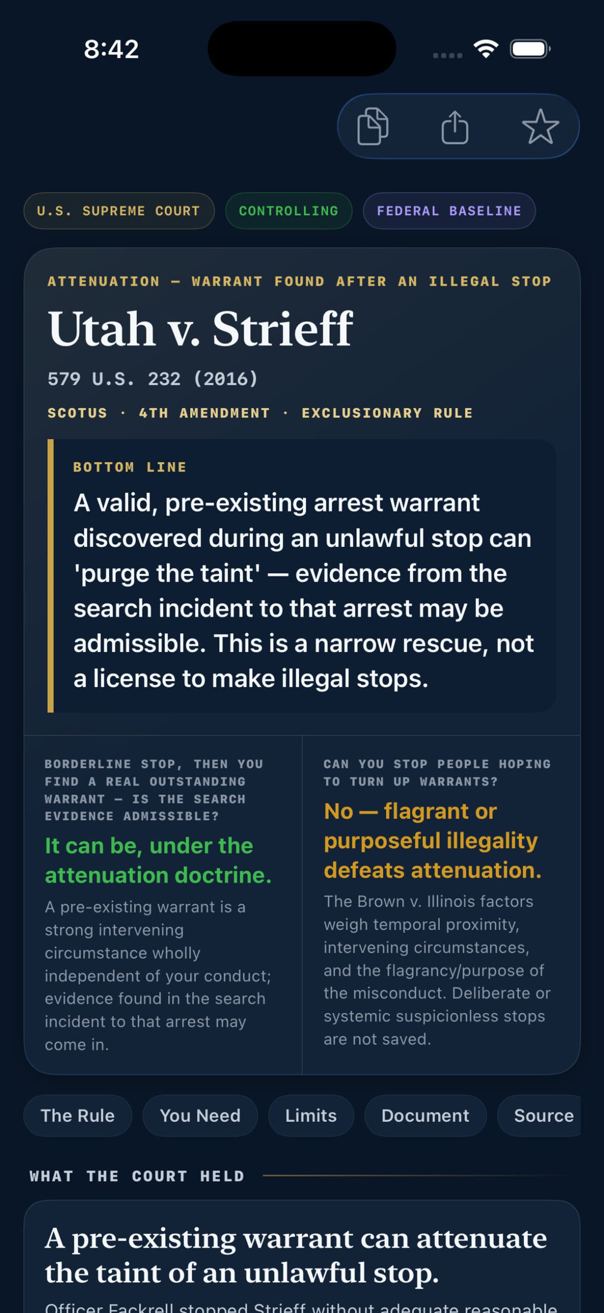 StreetSense app case brief for Utah v. Strieff showing the attenuation rule for warrants discovered after an unlawful stop