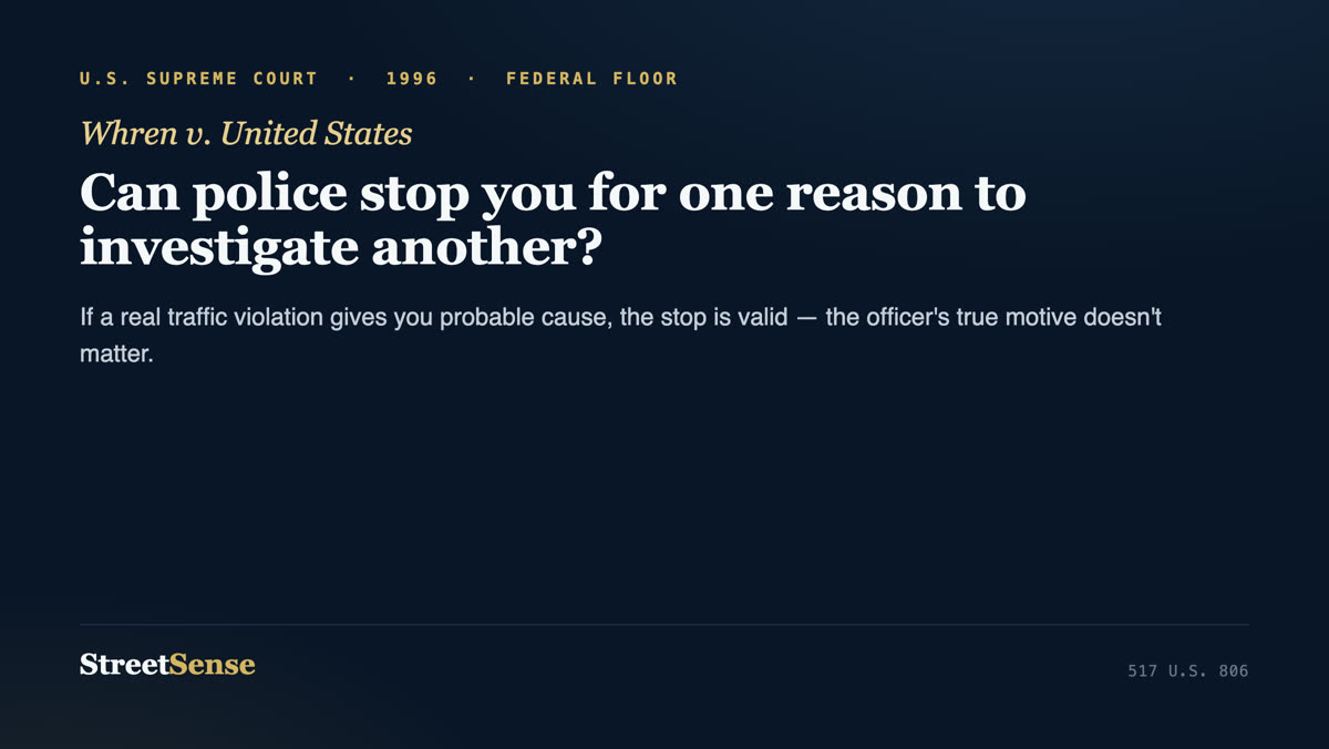 Whren v. United States (1996) case card — a pretextual traffic stop is valid if there is probable cause of a real violation