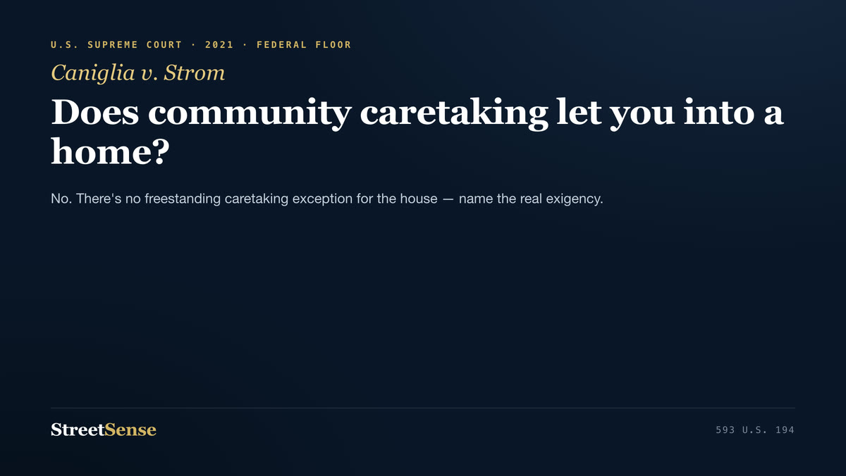 Caniglia v. Strom (2021) case card — No. There's no freestanding caretaking exception for the house — name the real exigency.