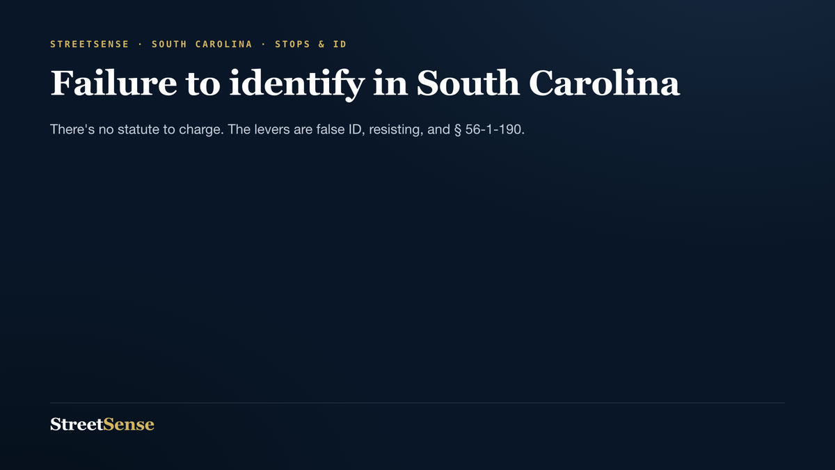 Failure to identify in South Carolina — There's no statute to charge. The levers are false ID, resisting, and § 56-1-190.