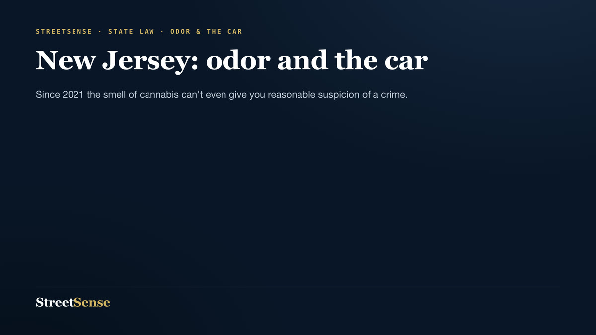 New Jersey: odor and the car — Since 2021 the smell of cannabis can't even give you reasonable suspicion of a crime.