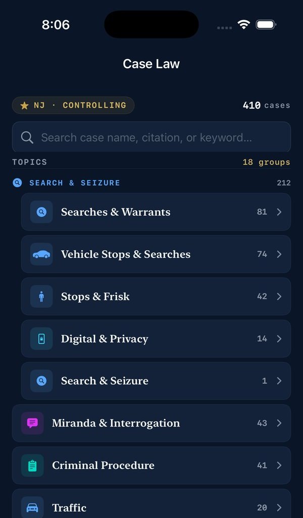 StreetSense app case law library grouped by topic, including searches and warrants, vehicle stops and Miranda