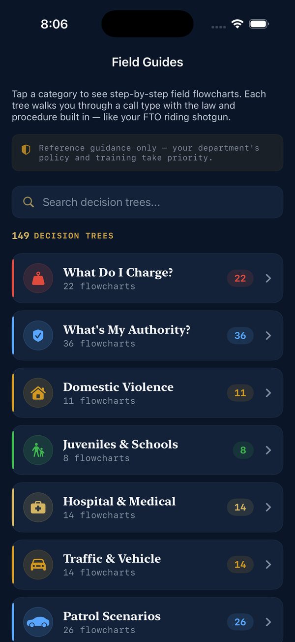 StreetSense app field guides screen listing decision-tree categories such as What Do I Charge, Domestic Violence and Traffic
