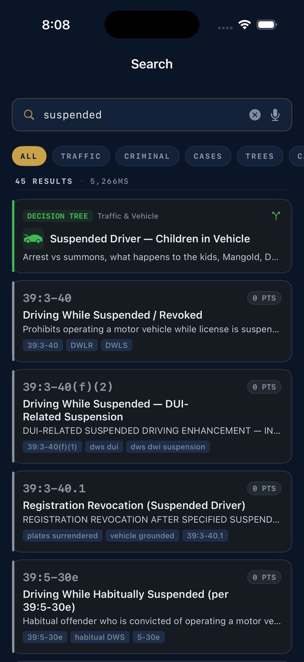 StreetSense app search screen: typing "suspended" returns the matching statutes and decision trees