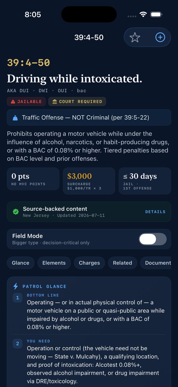 StreetSense app statute screen for N.J.S.A. 39:4-50, driving while intoxicated, showing grade, penalties and patrol notes