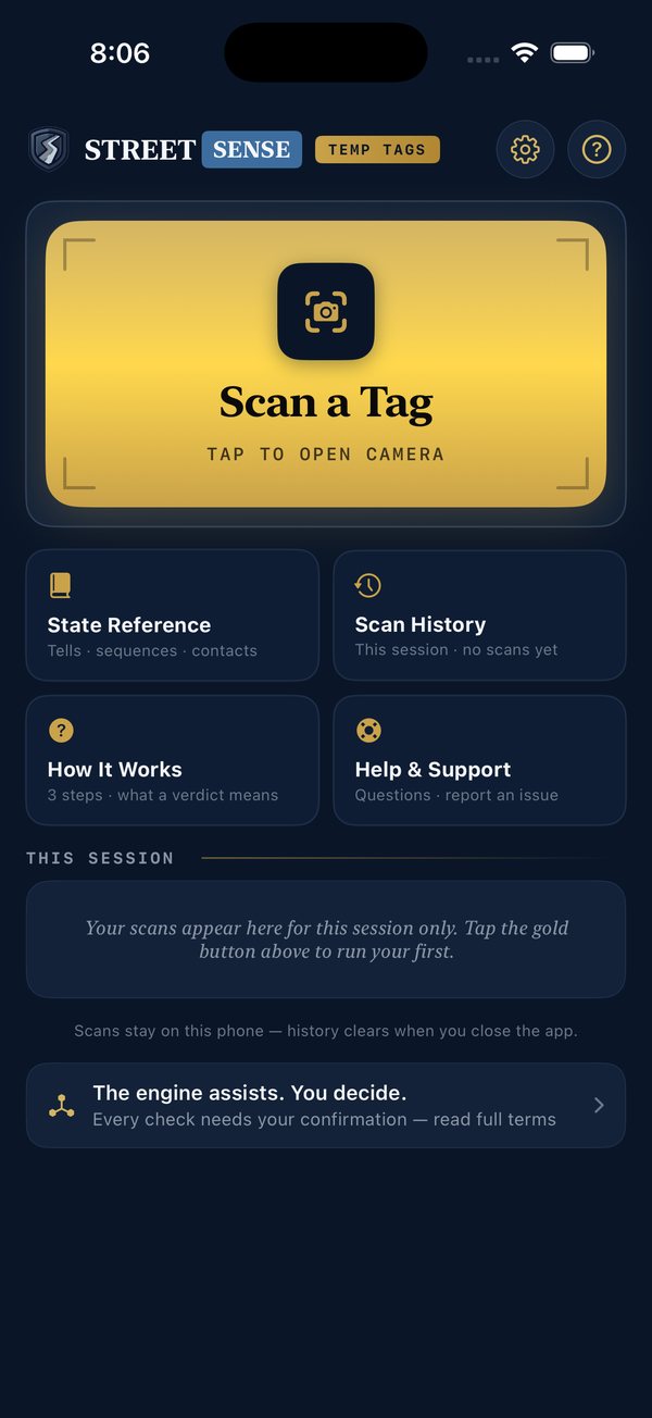 StreetSense temporary tag scanner home screen with the Scan a Tag button